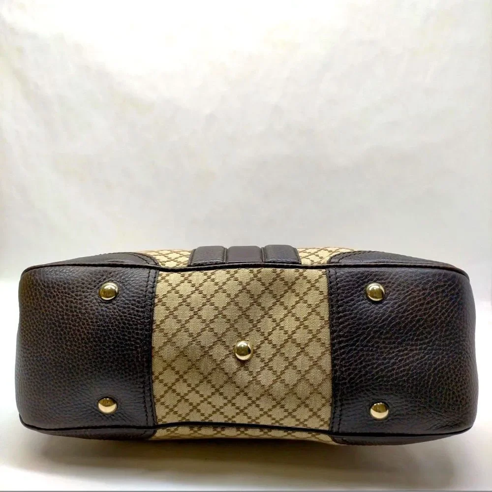 Auth GUCCI Brown Beige Canvas Brown Leather Diamanté Catherine Dome Handle Bag